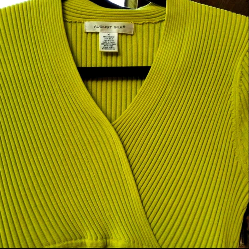 August Silk Faux wrap ribbed knit blouse in Green